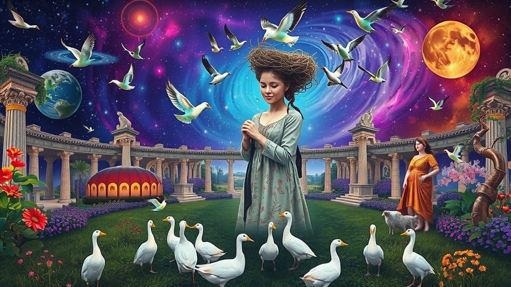 Woman Transforms into Birds in Cosmic Garden