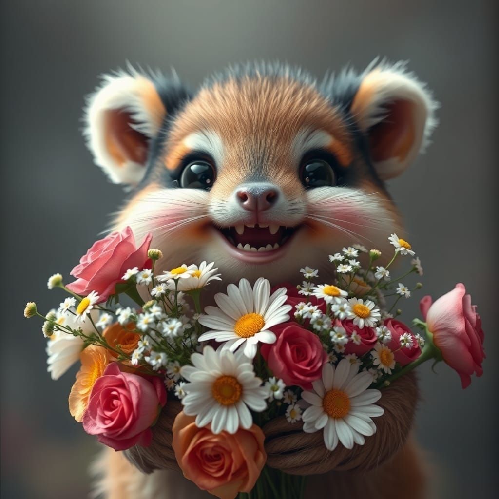 Cute Animal with Flowers in Hyperrealistic Style