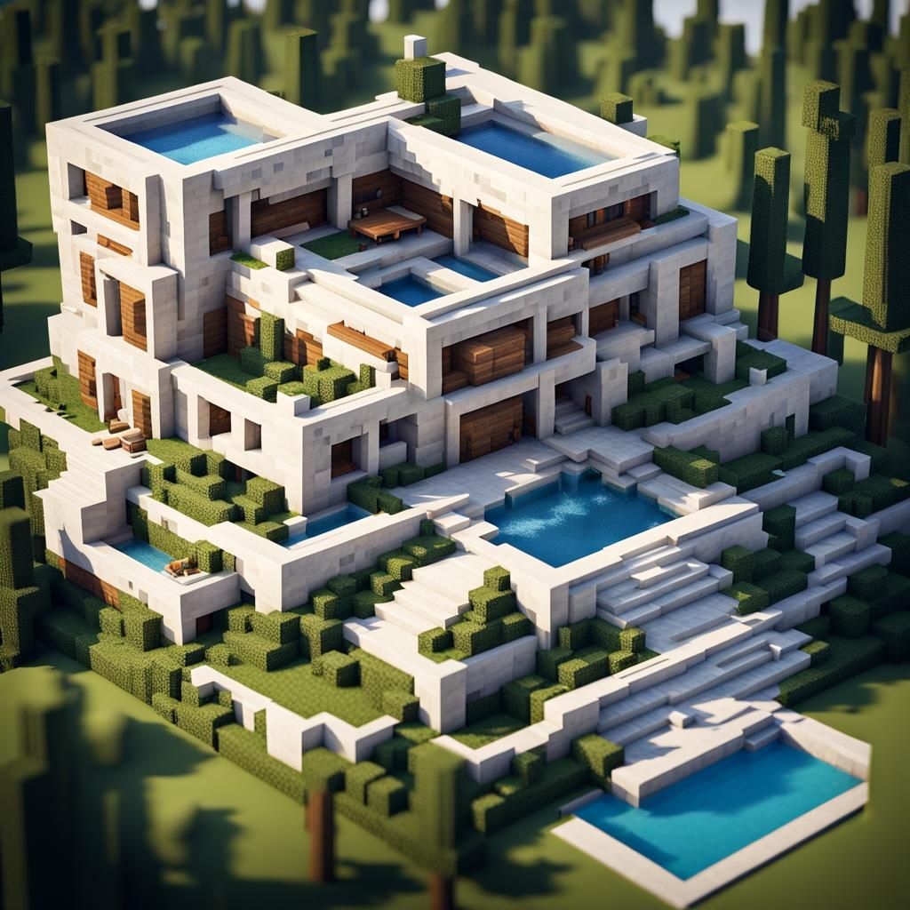 Grand Minecraft Mansion with Farm in Detailed Painting