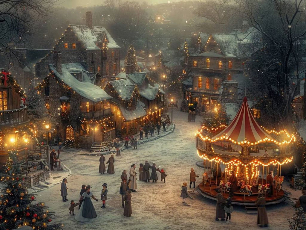 Festive Christmas Street Scene with Retro Wagon