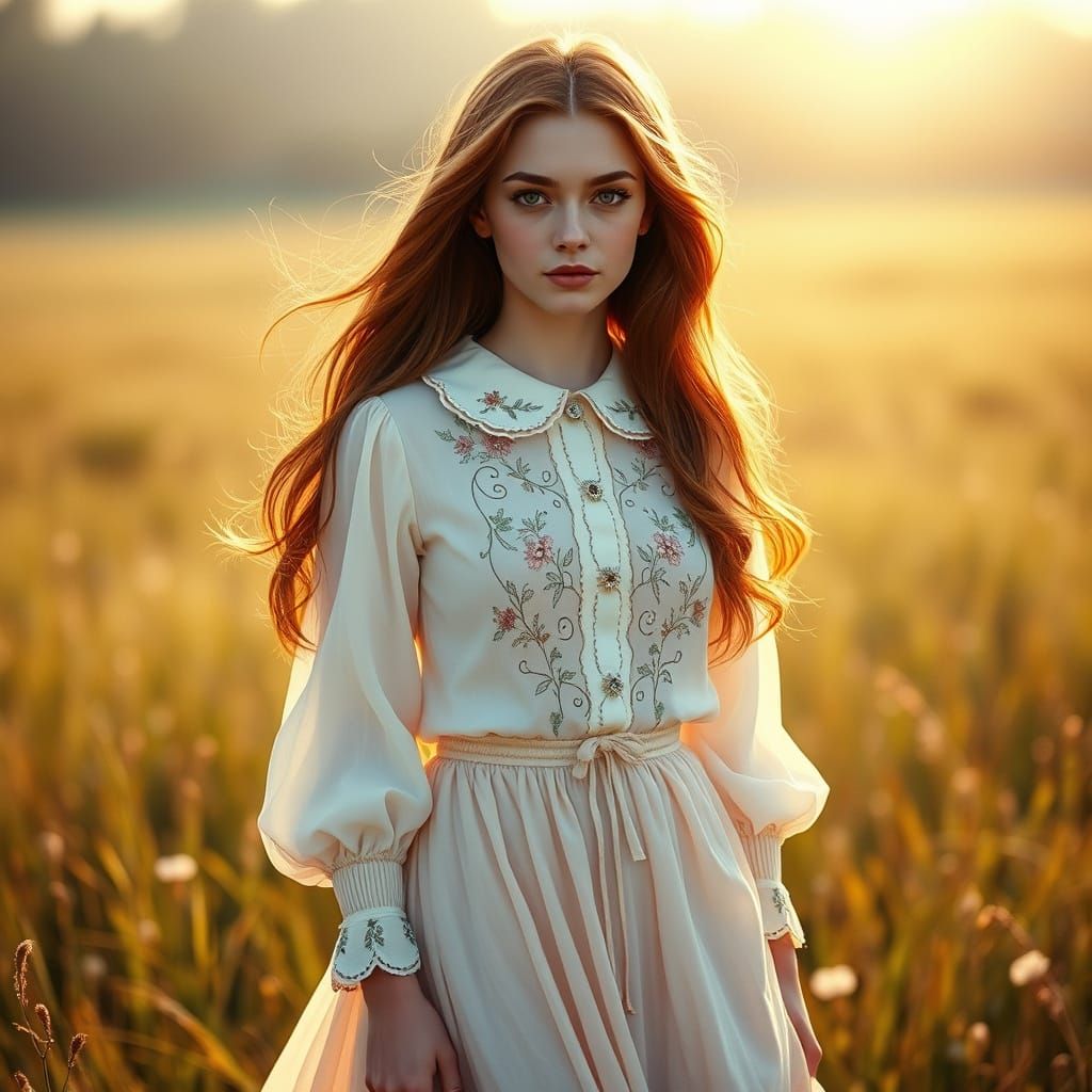 Ethereal Woman in Meadow: Hyperrealistic Cinematic Art