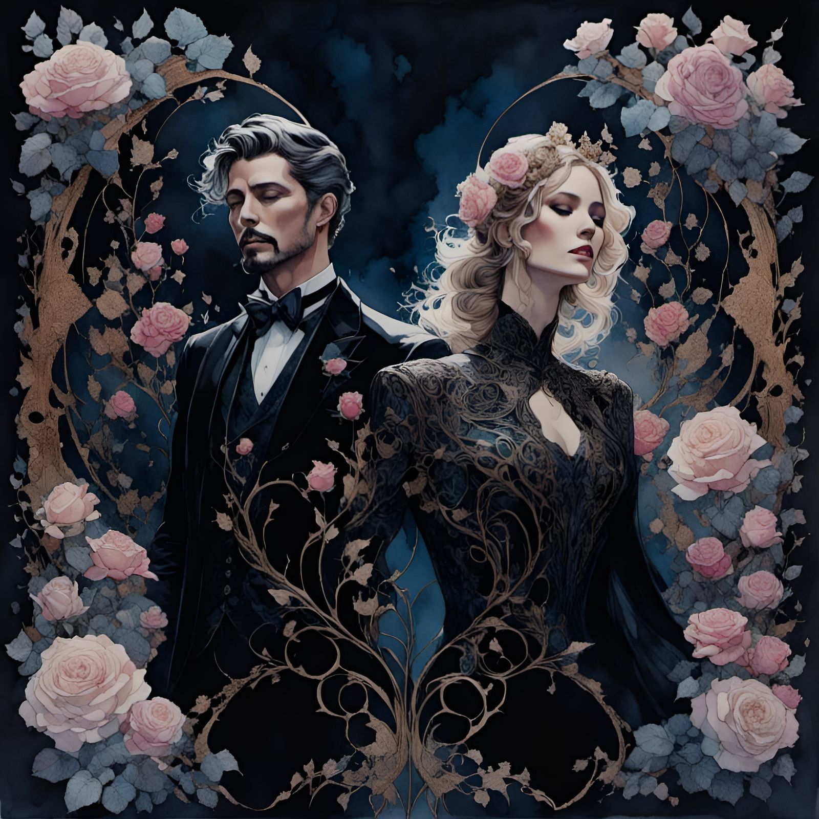 Romantic Watercolor Lovers in Starry Night Sky