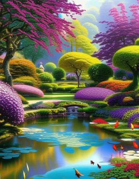 Lilac Tree in Bloom Beside Koi Pond