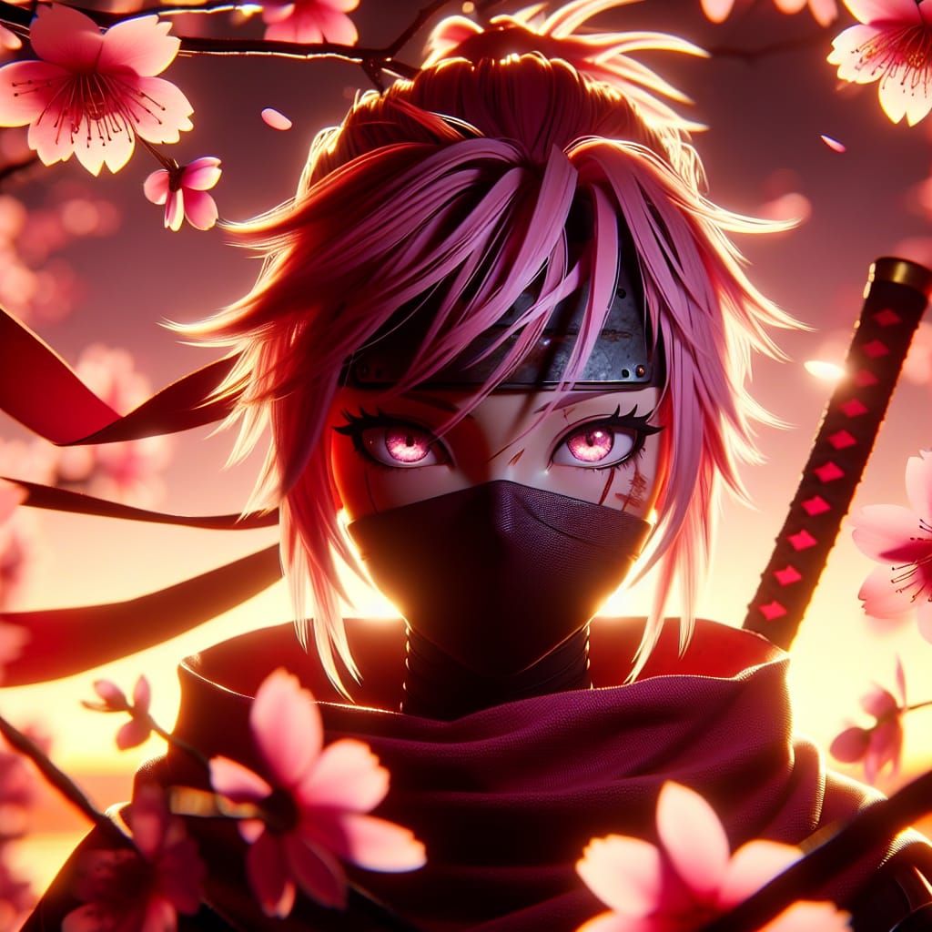 Ninja Girl with Sakura, Japan Sunset in 3D Render