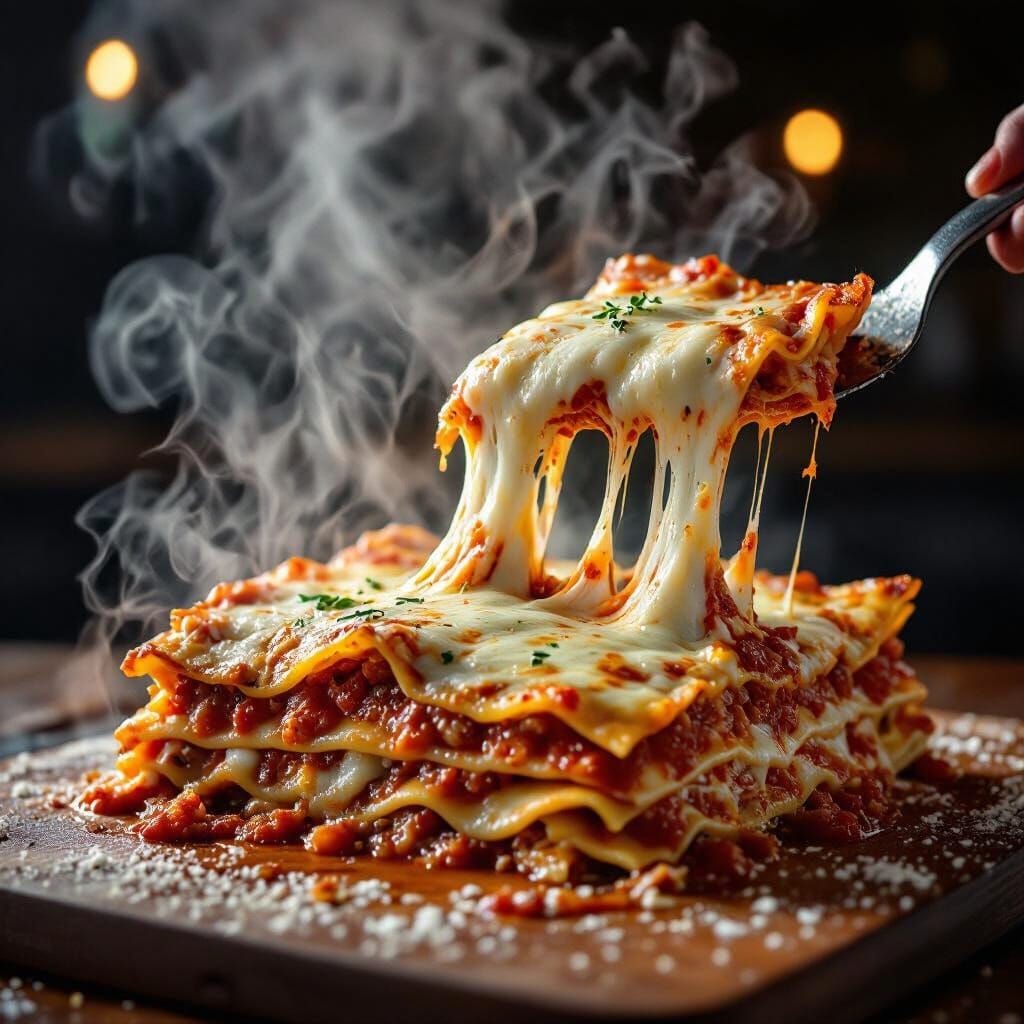 Epic Cheese Pull Lasagna in Cinematic Lighting