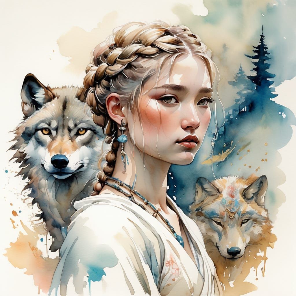 Dreamy Watercolor Portrait of Blonde Athlete with Wolf