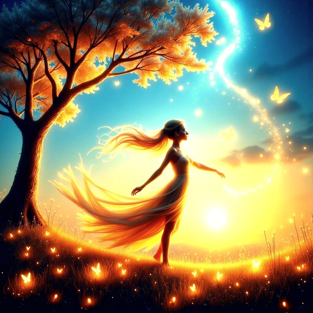 Sunlit Meadow with Dancing Butterflies and Ethereal Lights