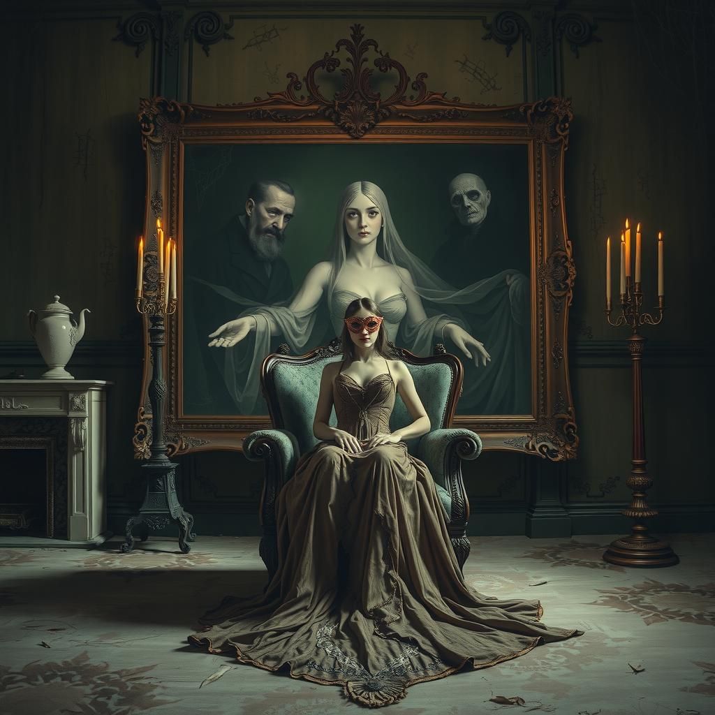 Eerie Woman Before Cursed Painting in Greg Rutkowski Style