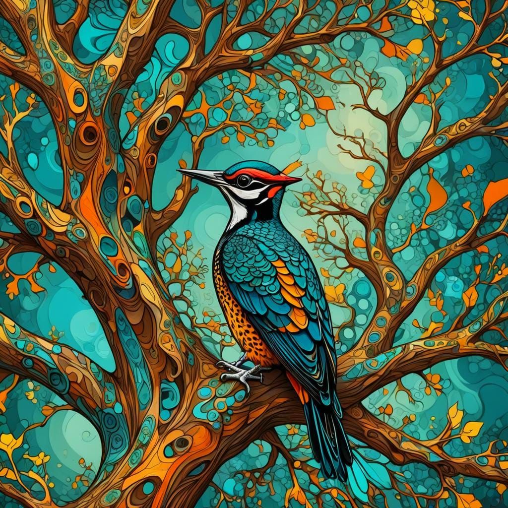 Woodpecker on Oak Tree with Abstract Fractal Elements
