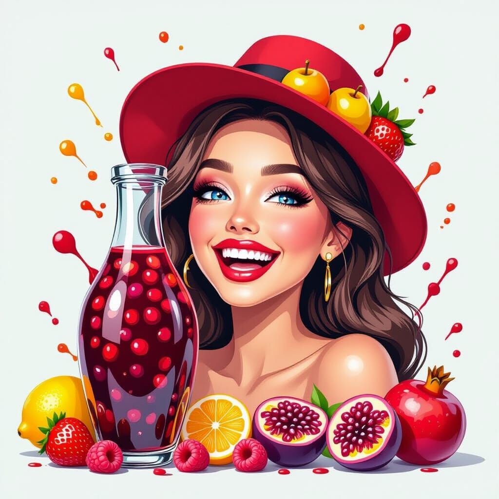 Woman Laughing with Fruit Hat and Juice Bottle in Anime Styl...