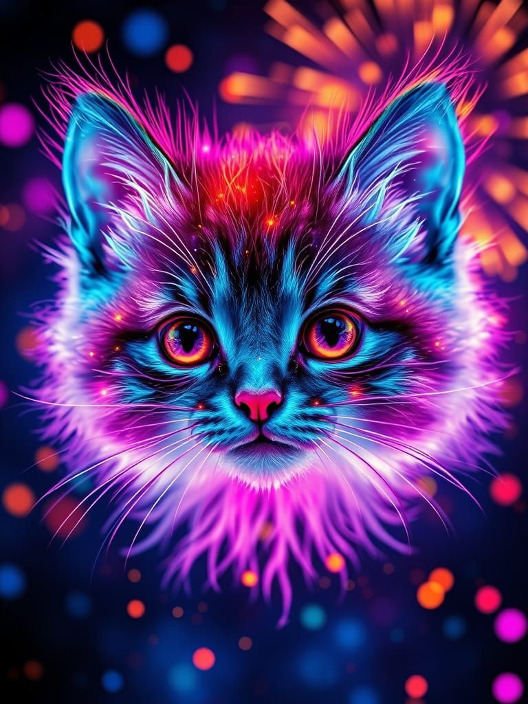Glowing Number Kitten Face in Cosmic Fireworks