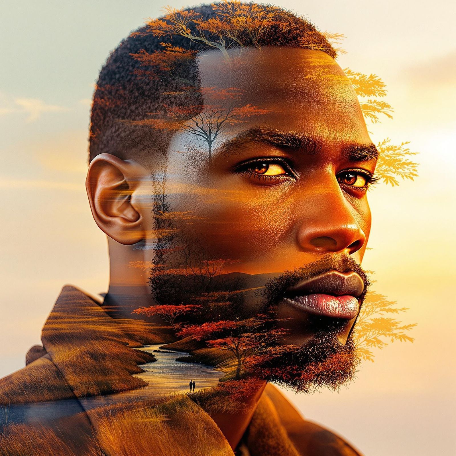 African Male Portrait in Vibrant Double Exposure