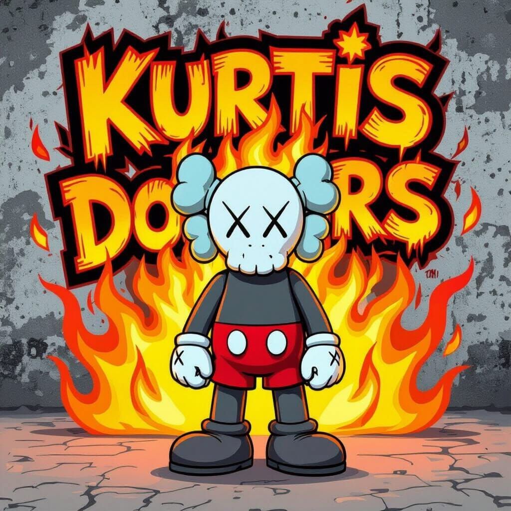 KAWS-Style Figure with Fiery "Kurtis Dollars" Text