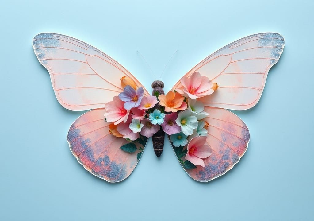 Butterfly Silhouette with Floral Garden, Dreamlike Double Ex...