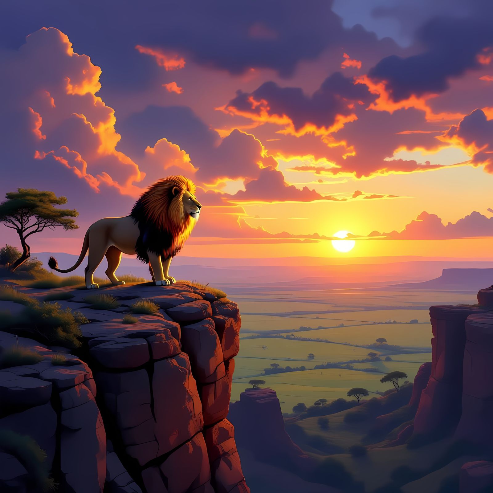 Majestic Lion in a Blaze of Colorful Sunset