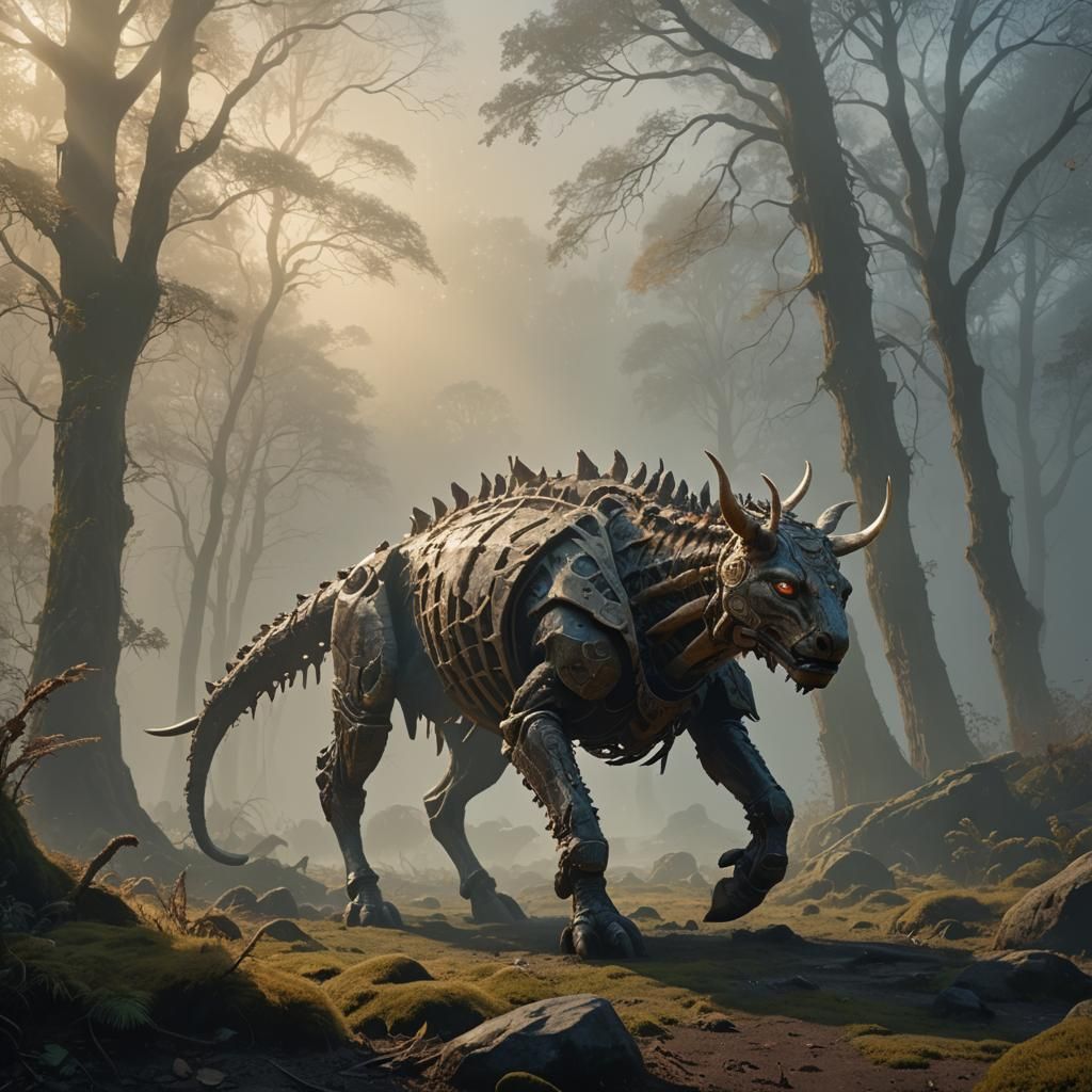 Epic Primitive Creature in Misty Landscape, Cinematic Still