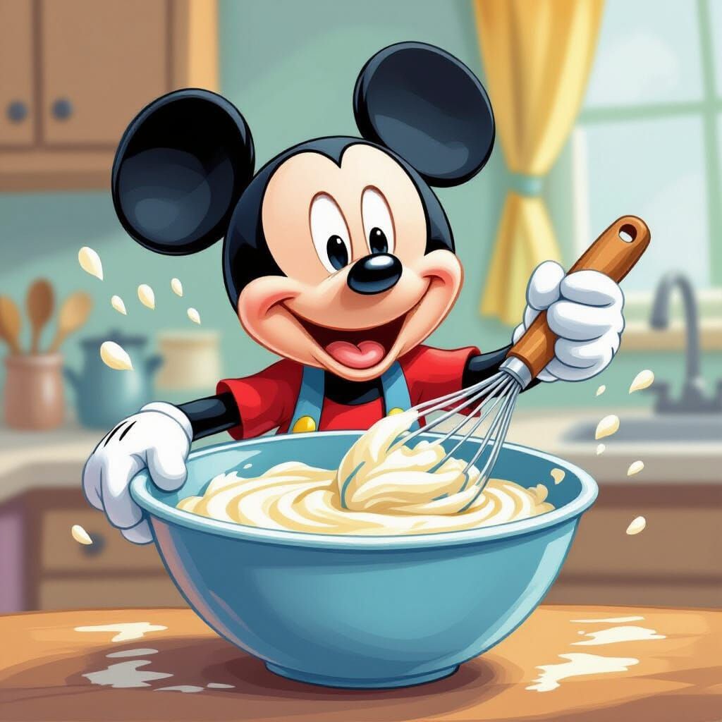 Mickey Mouse Whisking Cake Batter in Classic Cartoon Style