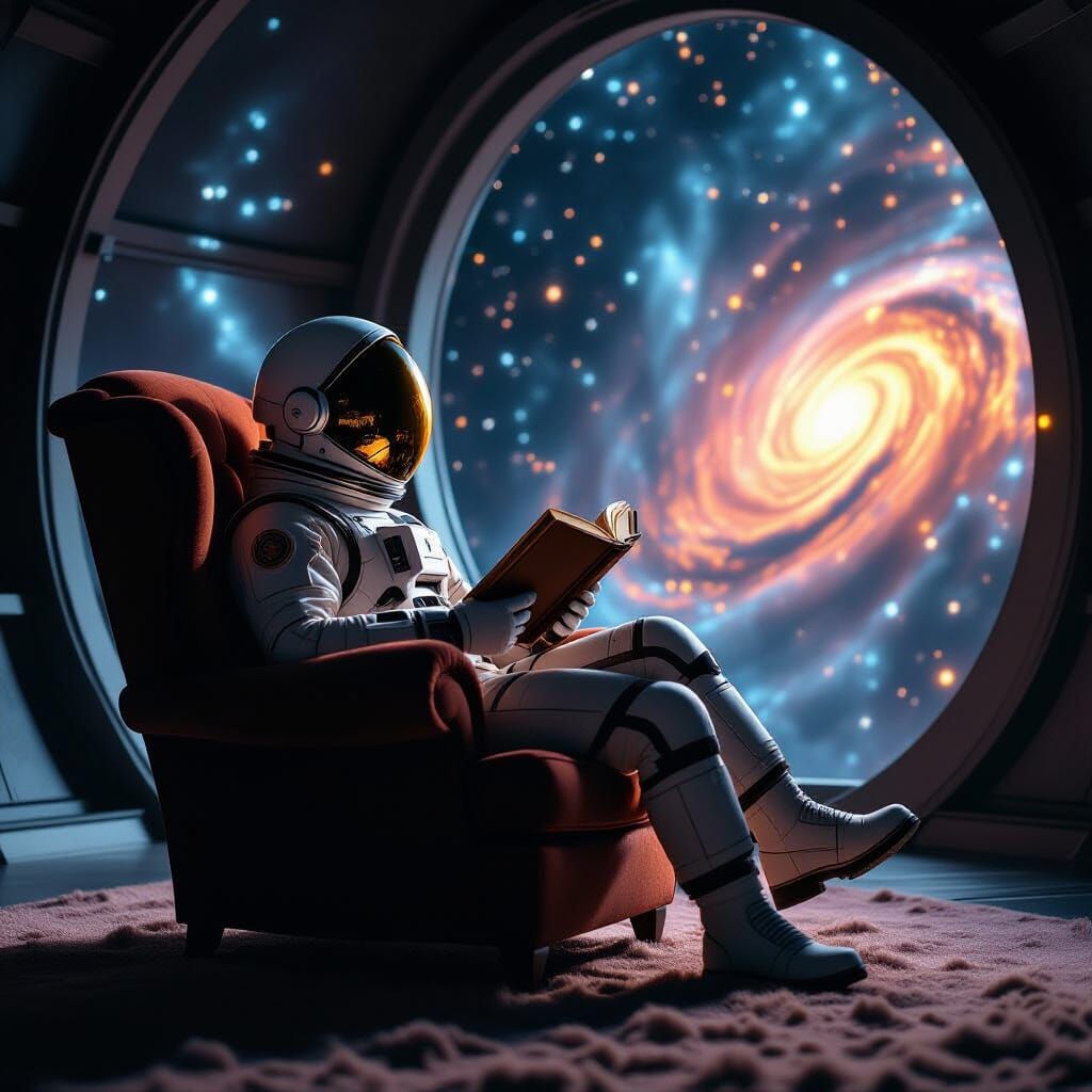 Astronaut Reading on Alien Planet in Film Still