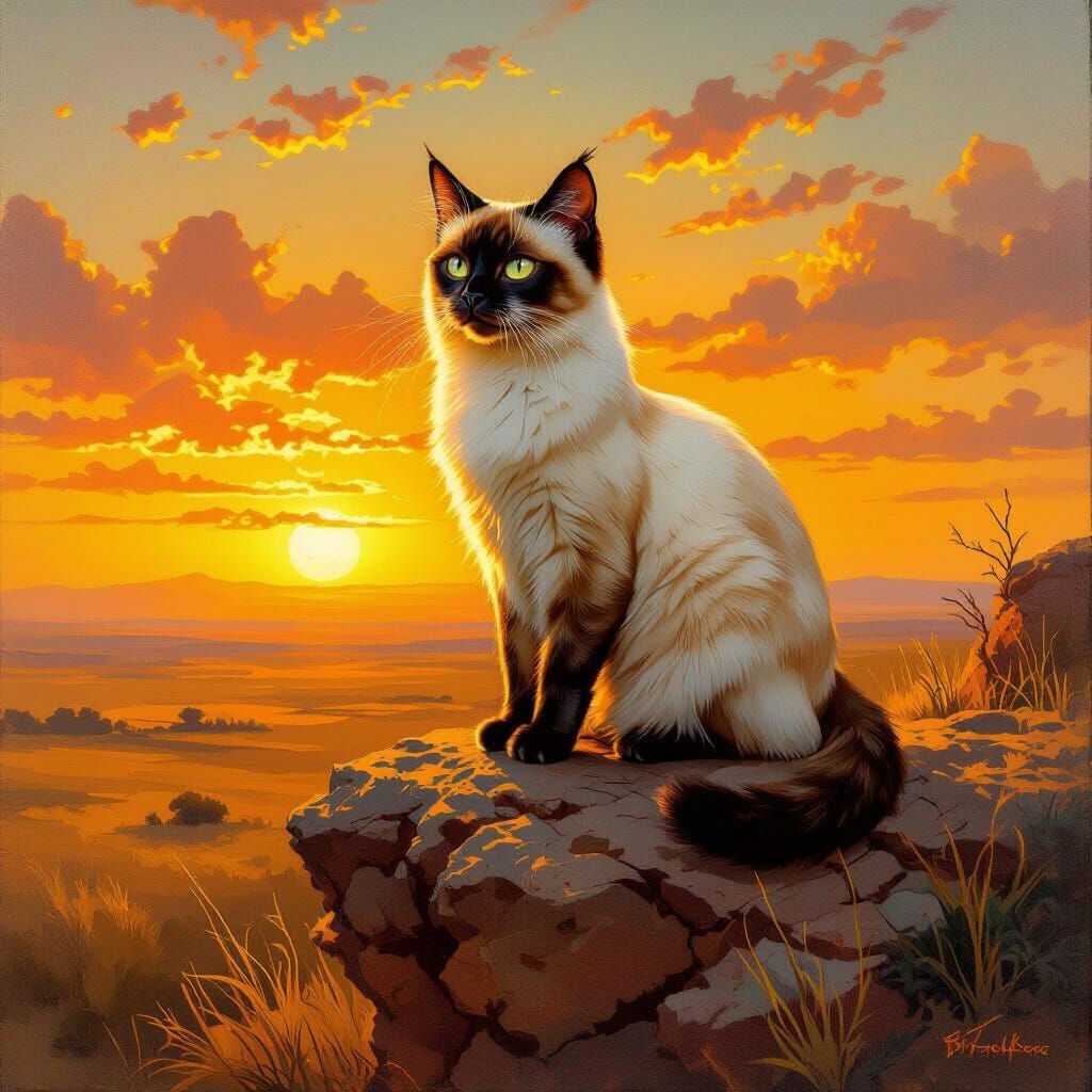 Siamese Cat on Windswept Cliff, Oil Painting Style