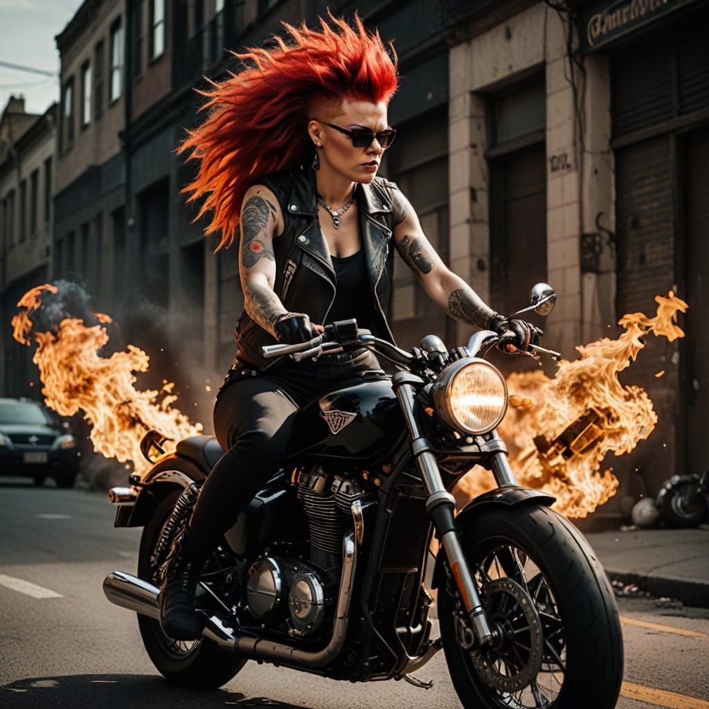 Punk Biker Girl on Triumph Motorcycle with Flames