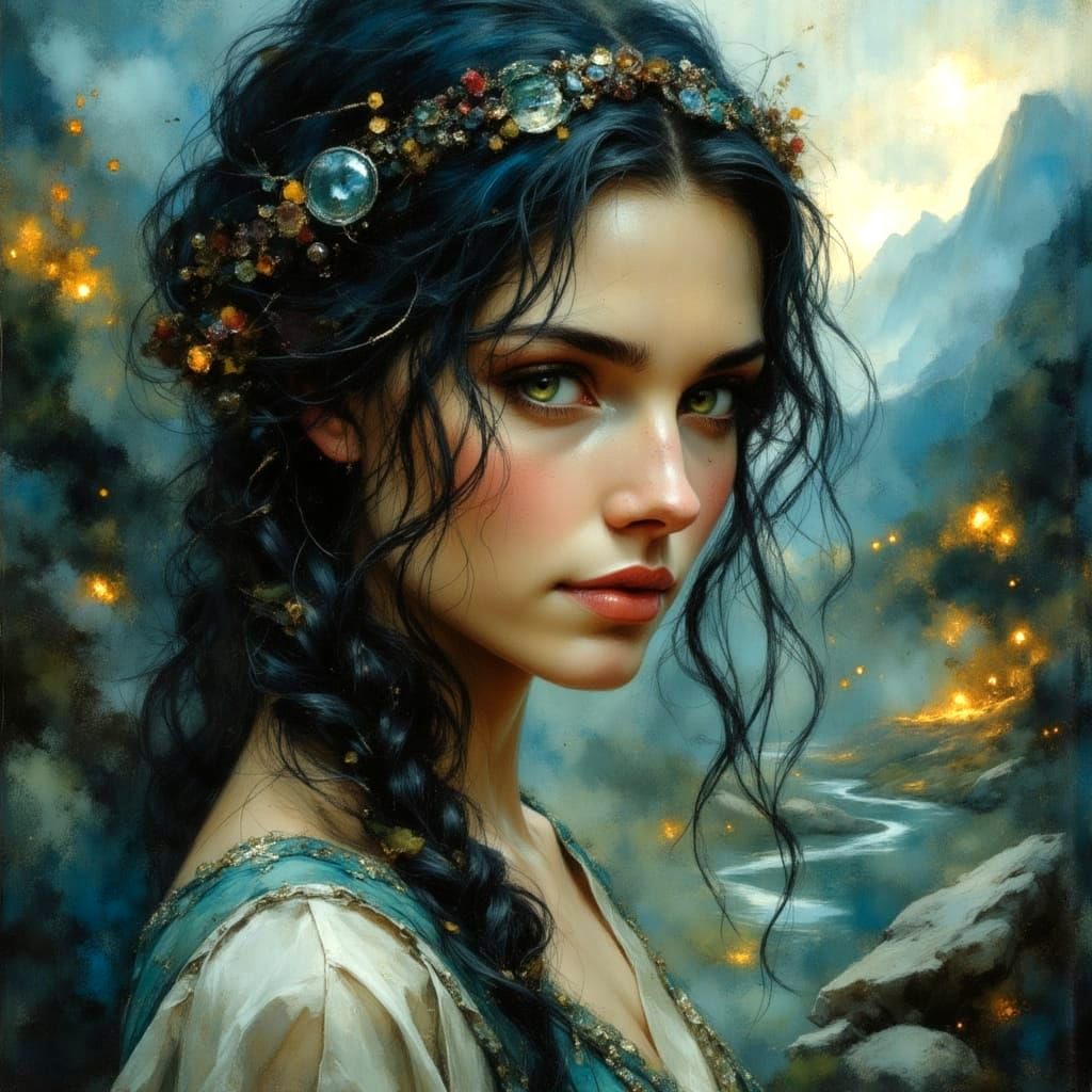 Ethereal Woman in Dreamlike Misty Landscape