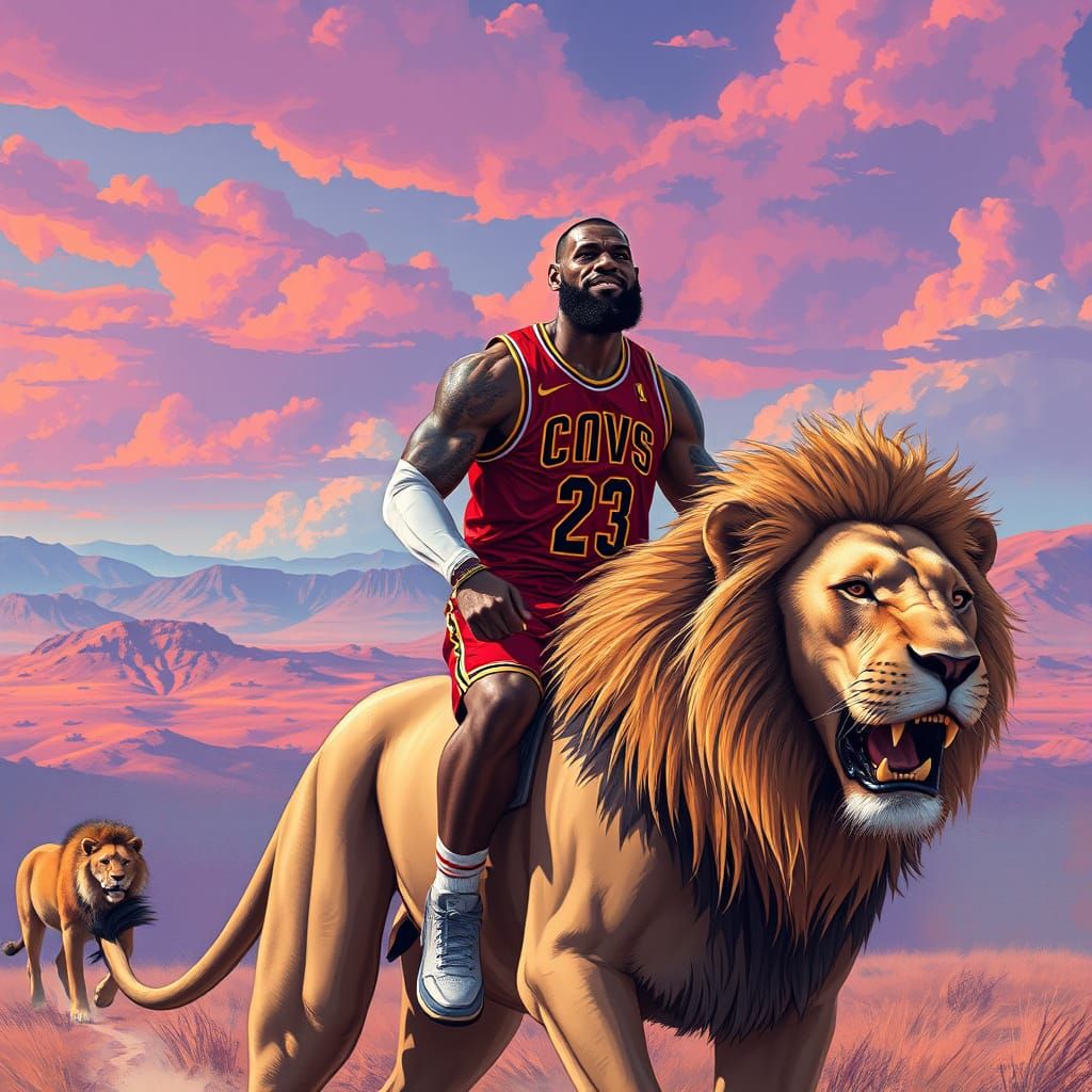Lebron James Rides Lion in Digital Art Style