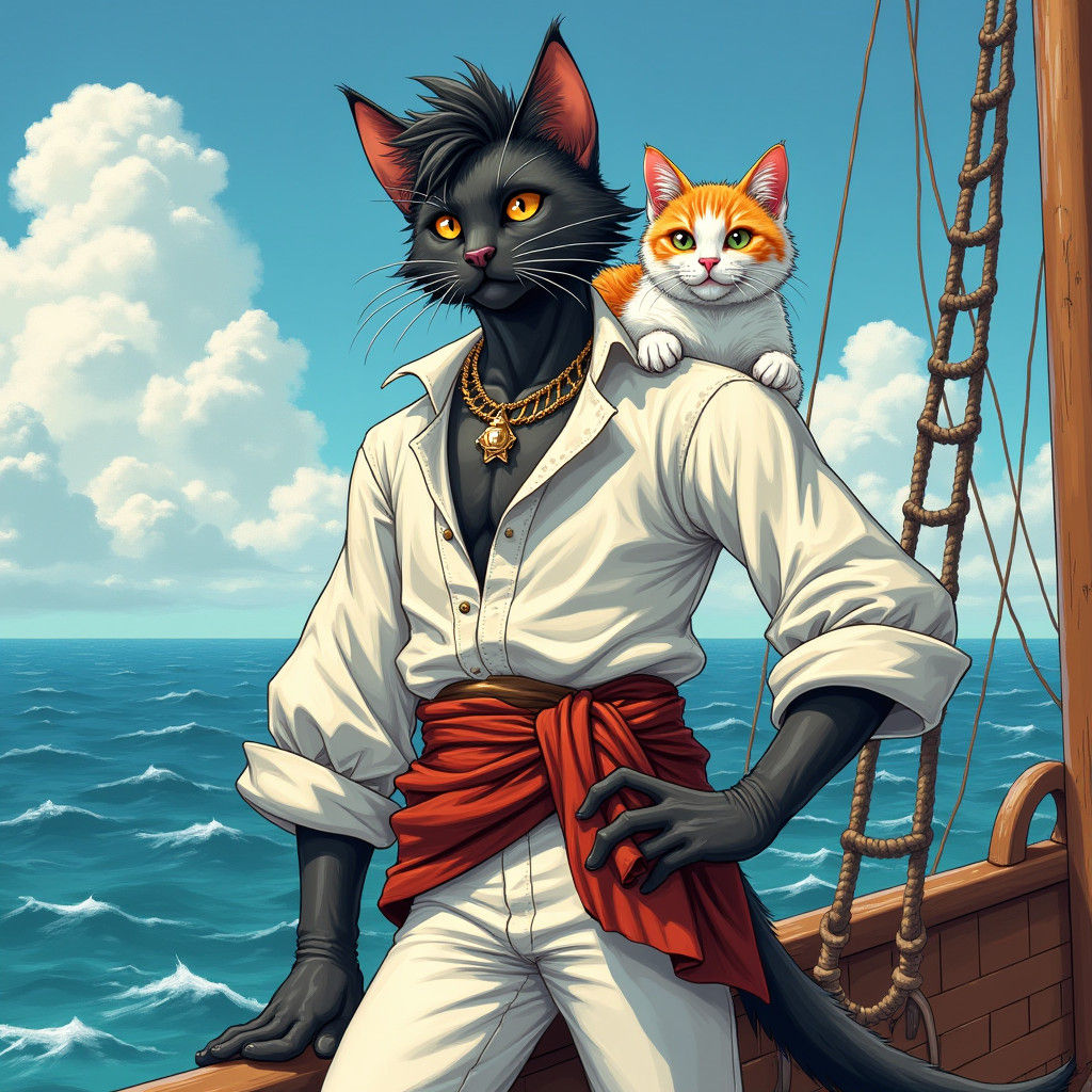 Tabaxi Pirate with White Cat, Whimsical Illustration