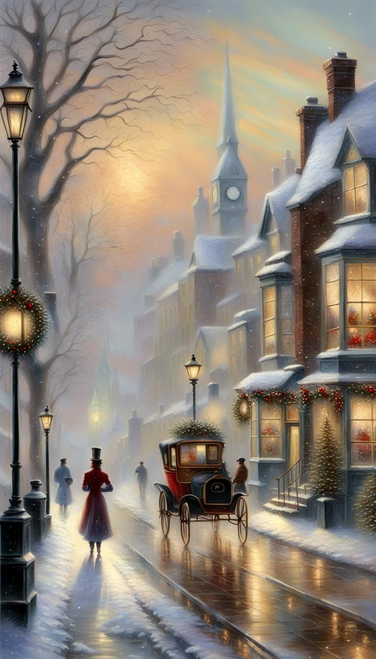 Victorian Christmas Street Scene with Ethereal Mist