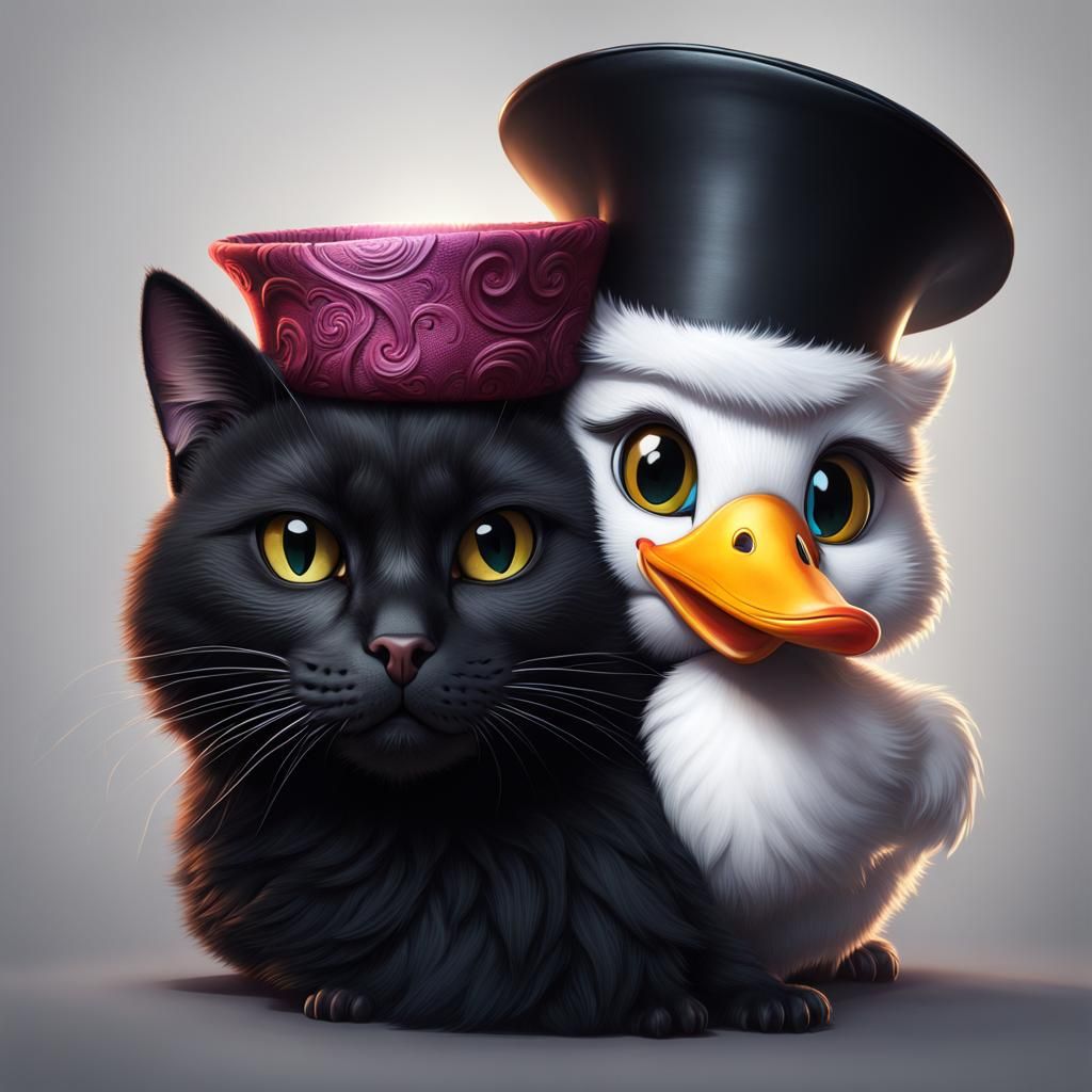 Cat and Duck Embrace: Detailed Fantasy Painting