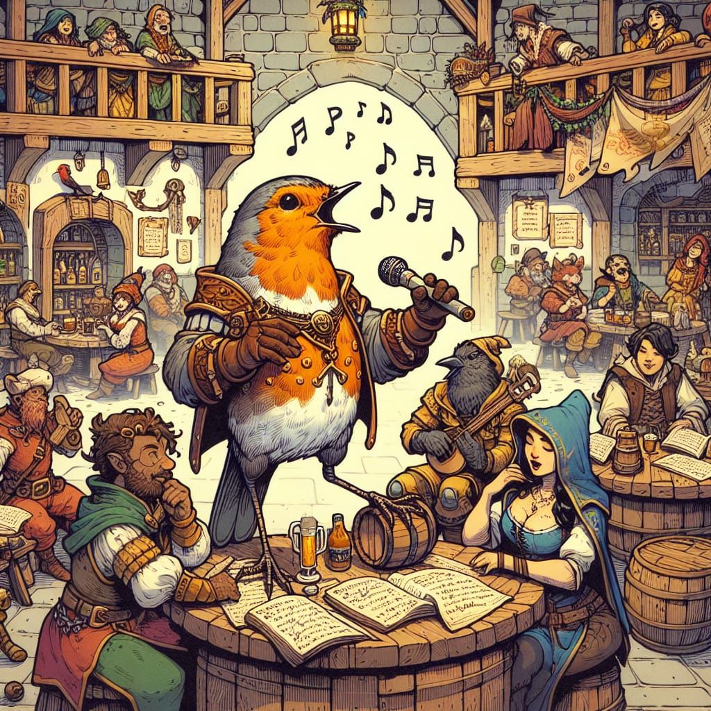 Medieval Tavern Scene with Robin Bard in Watercolor Style