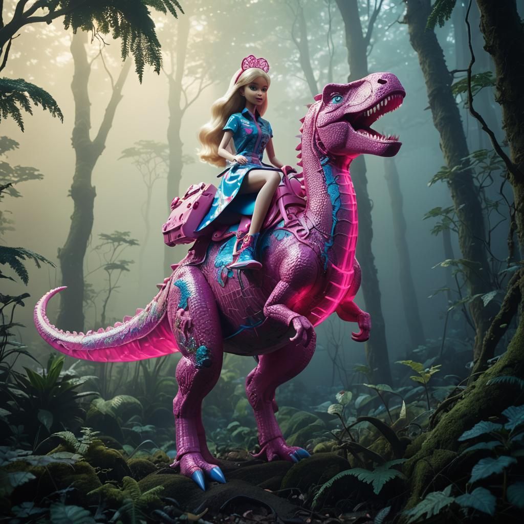 Barbie Rides a Neon Dinosaur in a Vibrant Primordial Forest