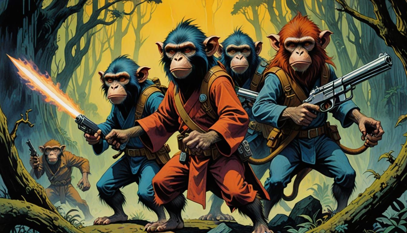 Angry Sci-Fi Gun Monkeys in Retro Comic Style