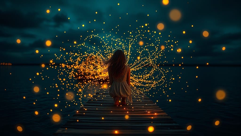 Enchanting Woman on Dock Amidst Fireflies