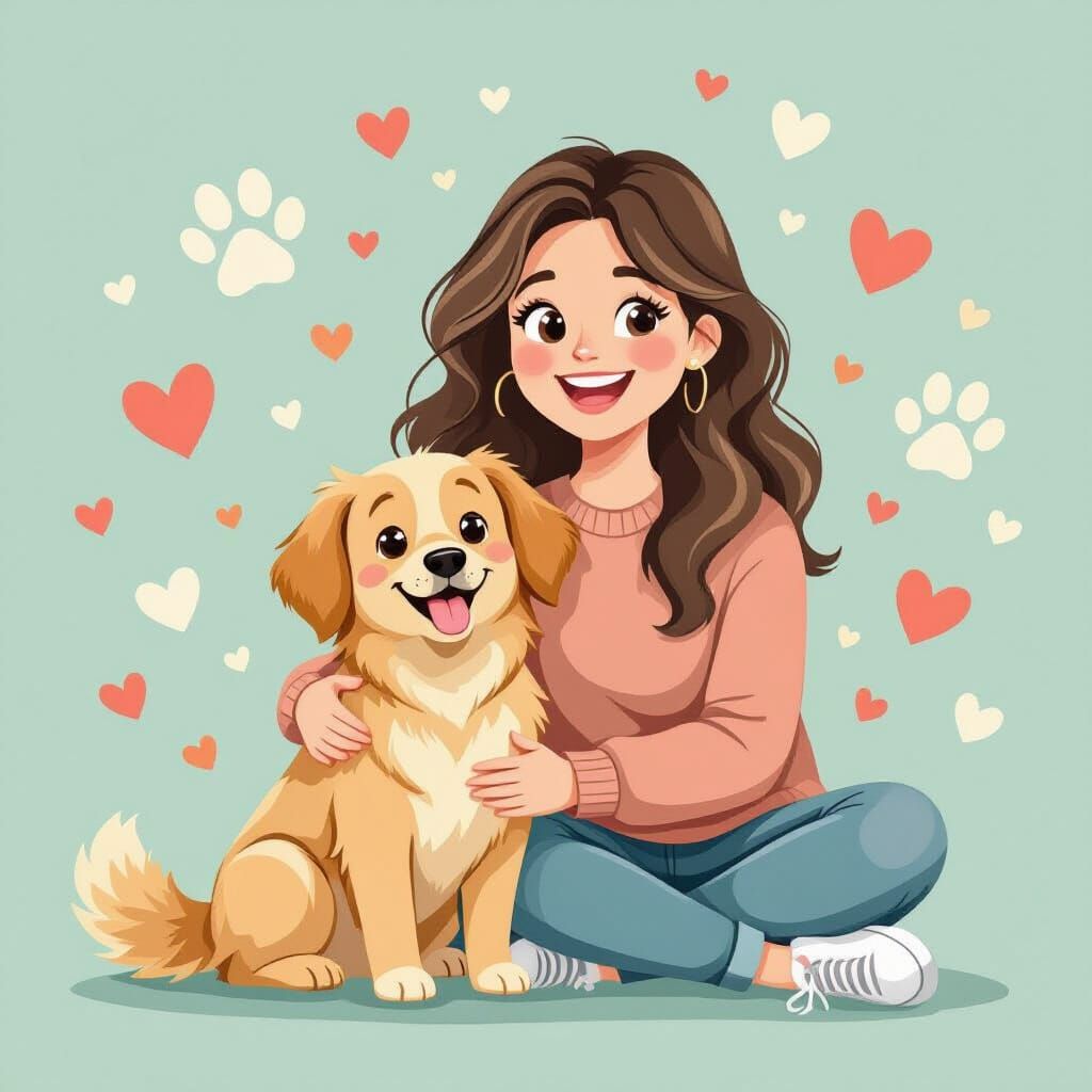 Joyful Dog Mom and Golden Retriever in Pastel Hues