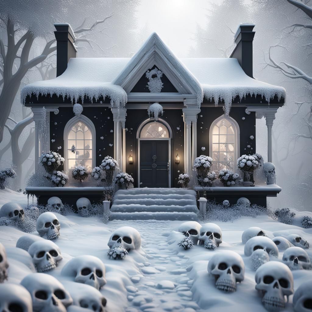 Snow Frosted House with Black Roses and Skulls