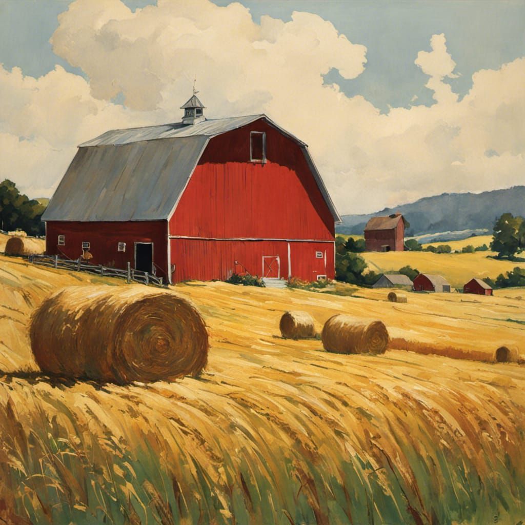 Red Barn and hay bails in field landscape by Norman Rockwell