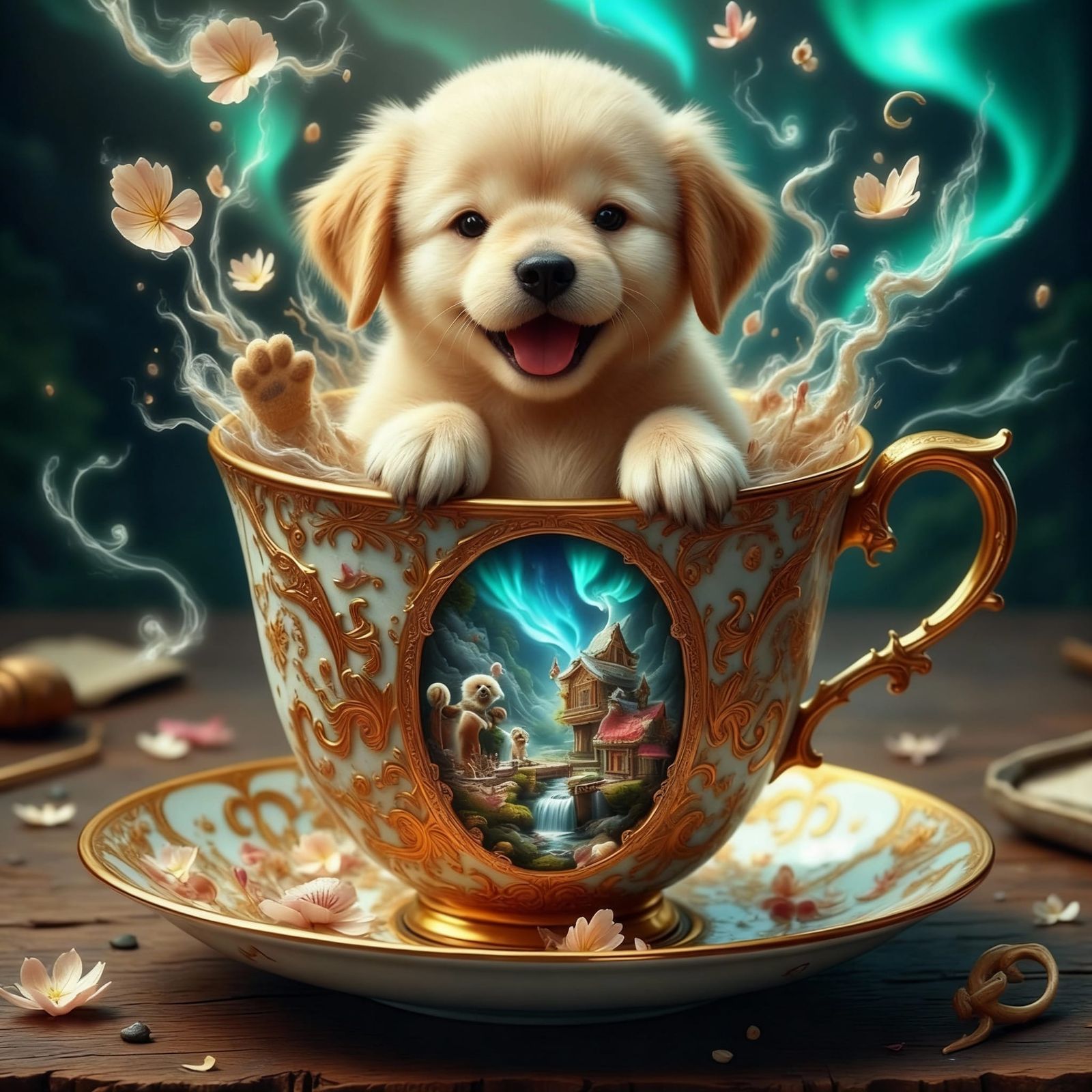 Golden Retriever Puppy in Miniature Kingdom Inside Teacup
