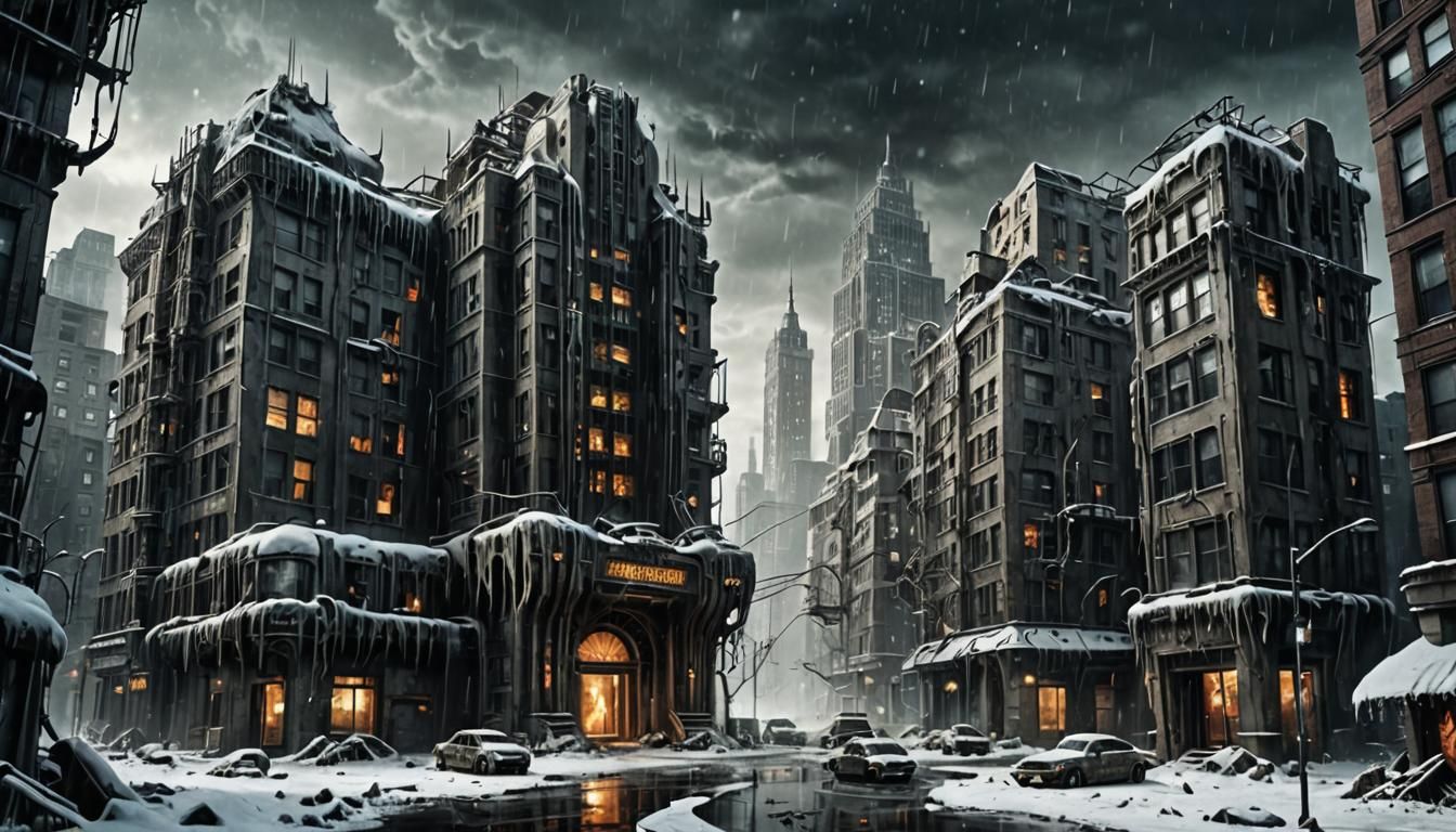 Apocalyptic Winter Metropolis in Dark, Hyperrealistic Splend...