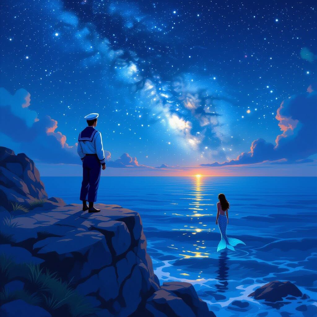 Sailor Gazes at Mermaid Under Starry Galaxy Sky