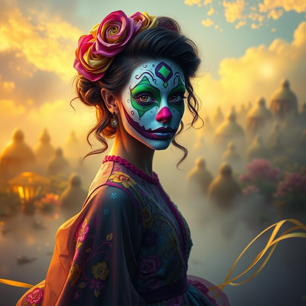 Woman with Clown Face Paint in Dreamlike Forest