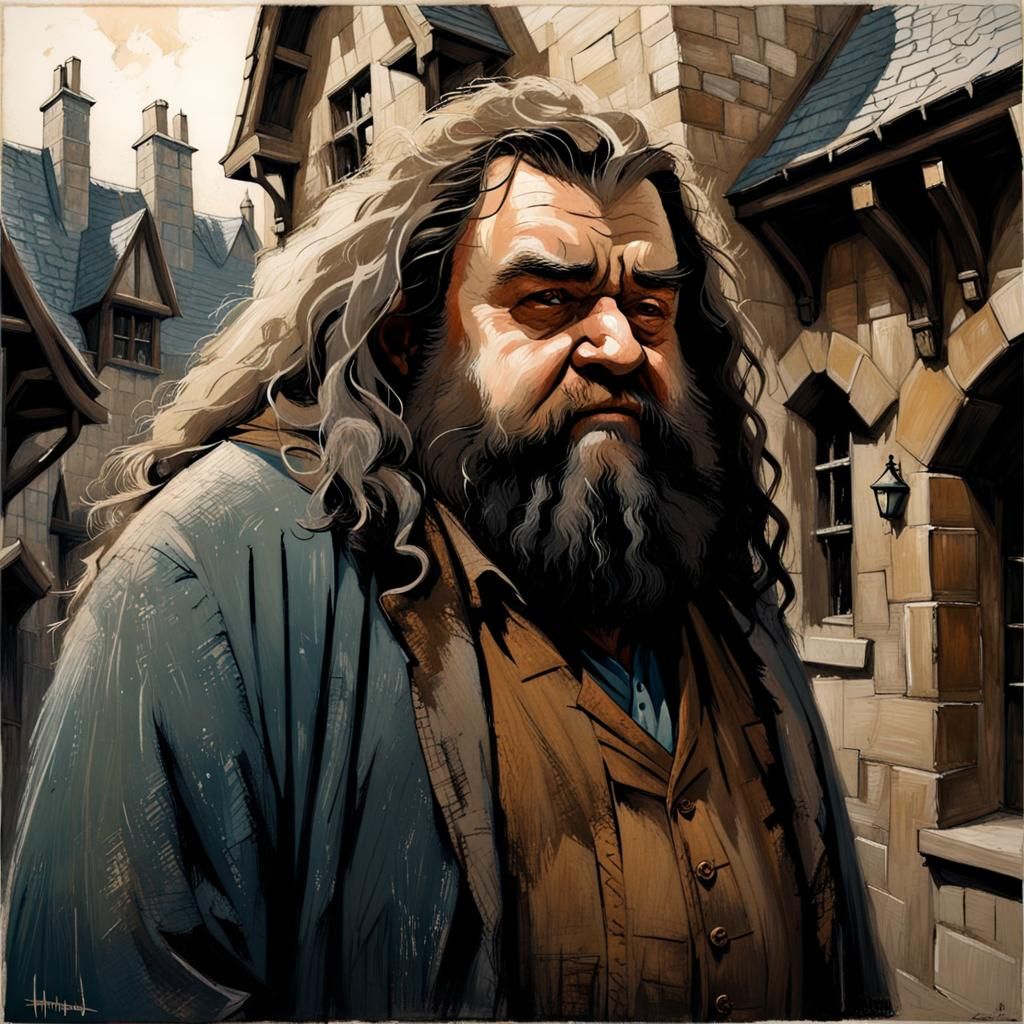 Hagrid in Disheveled Hogsmeade: Gouache Sgraffito