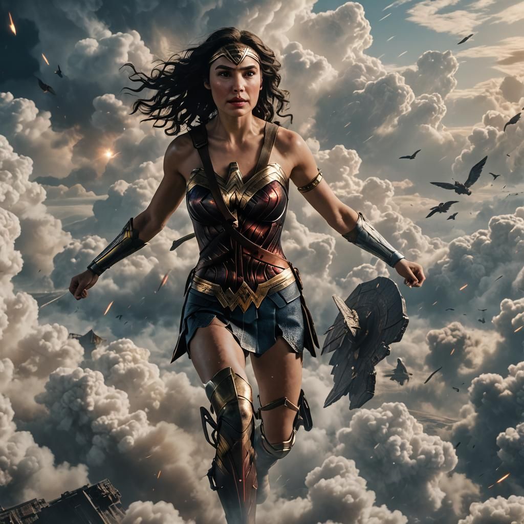 Wonder Woman Flying Over Clouds: Digital Matte Painting