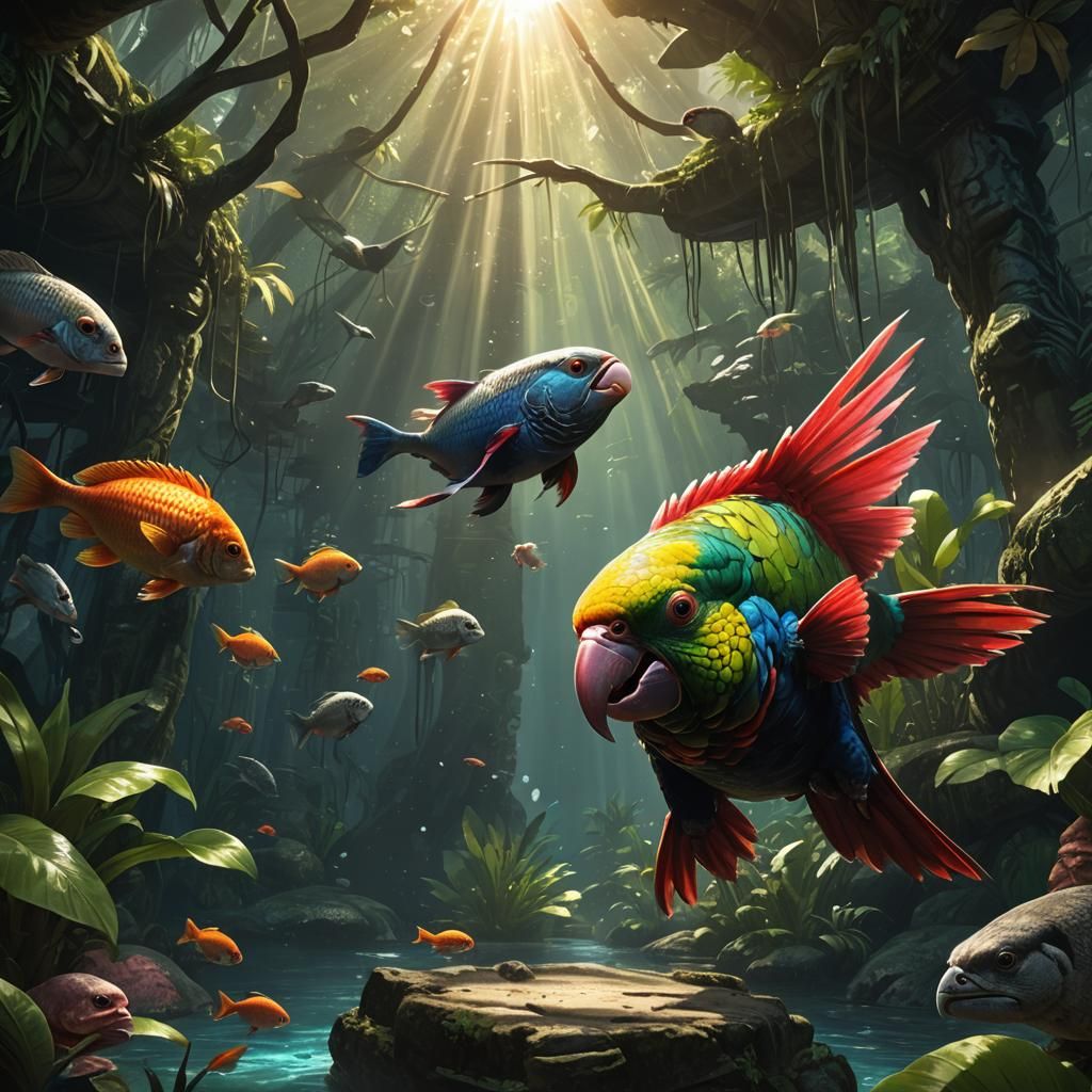 Blobfish Parrot Hybrid in Jungle, Dark Fantasy Art