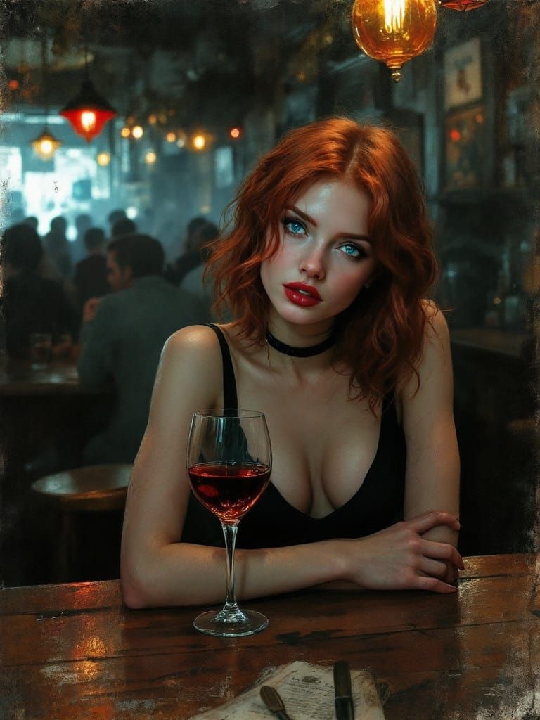 Sultry Woman Lost in Thought at a Gritty Noir-Inspired Bar
