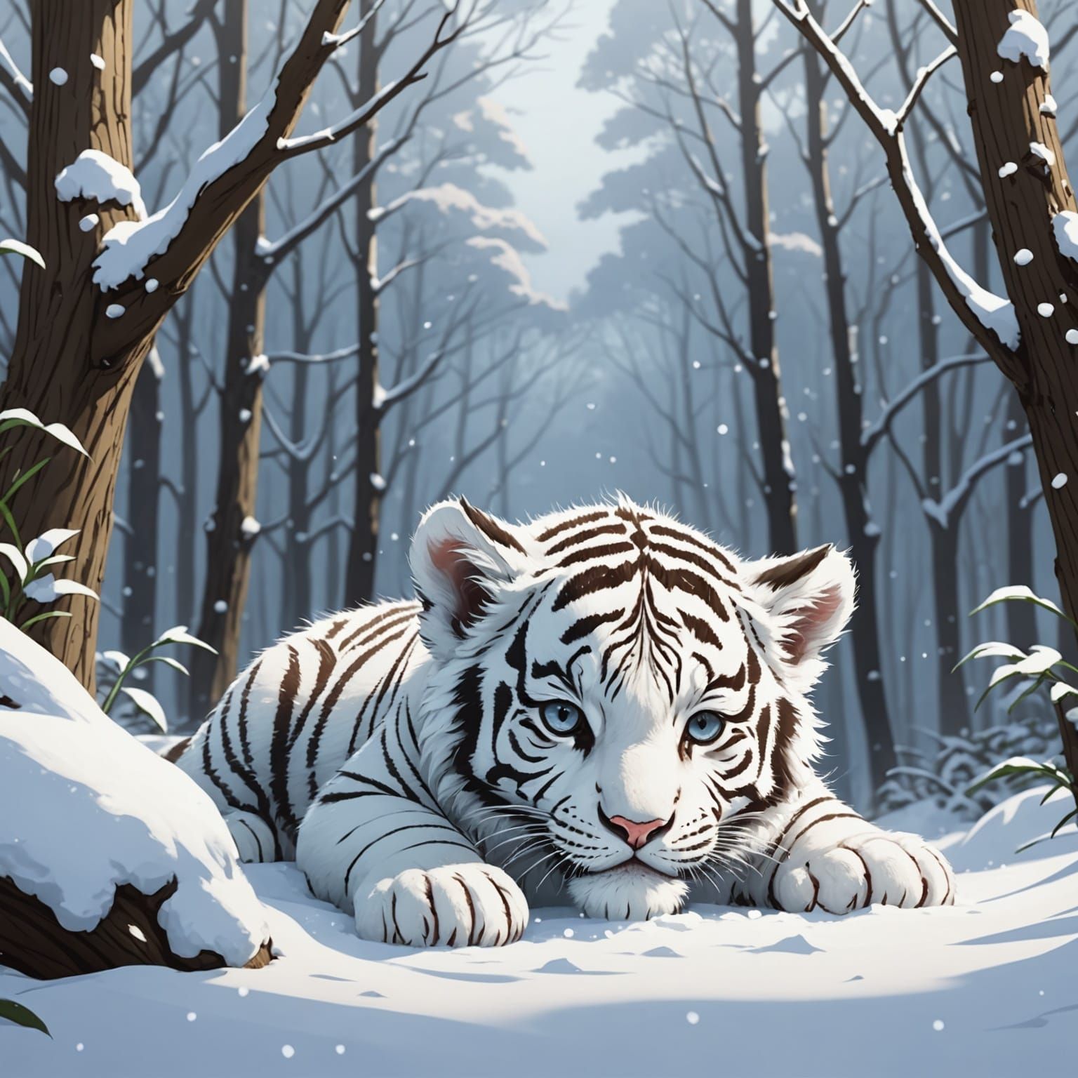 Sleeping White Tiger Cub in Snowy Anime Forest