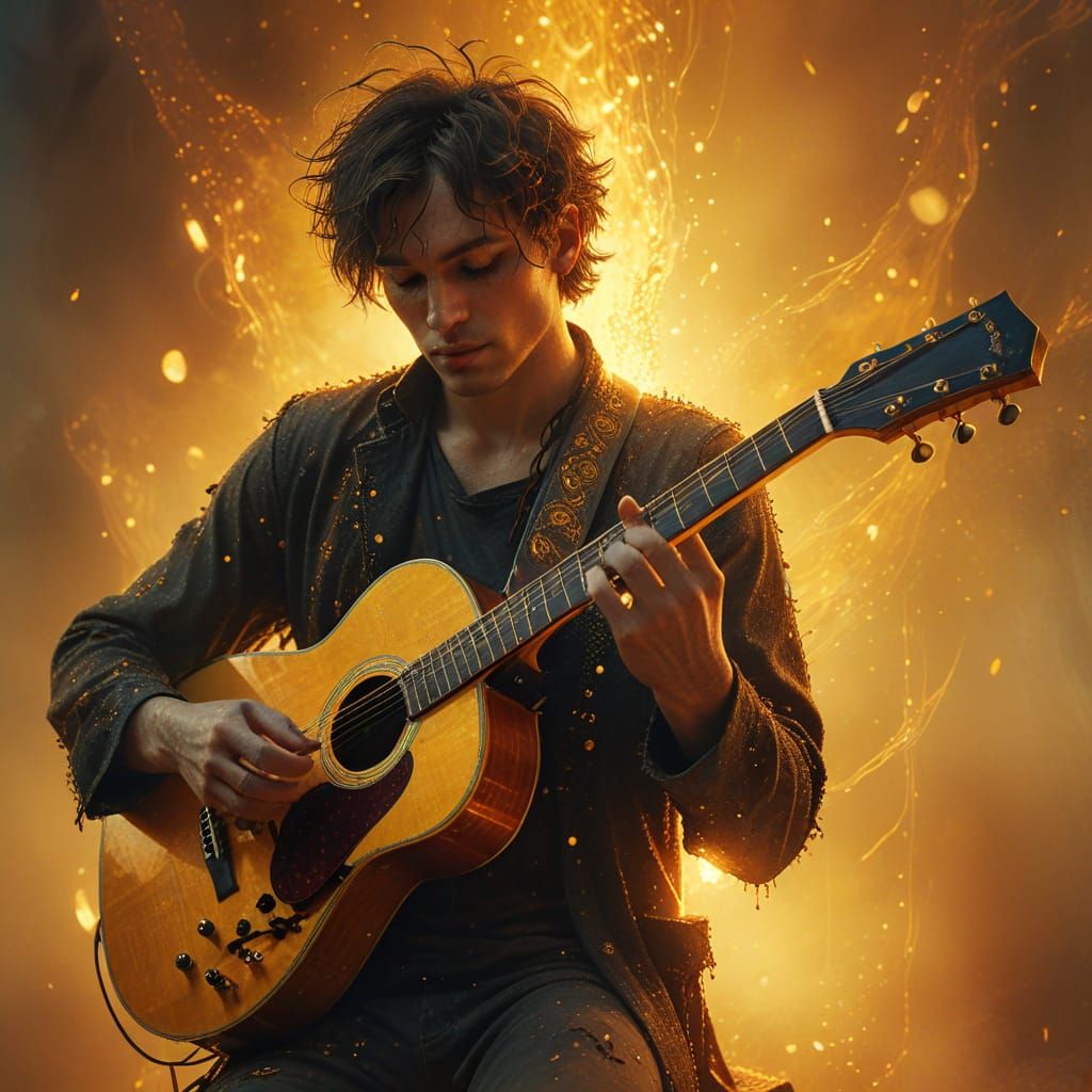 Grunge Dawn Guitarist in Vibrant Divisionism Style