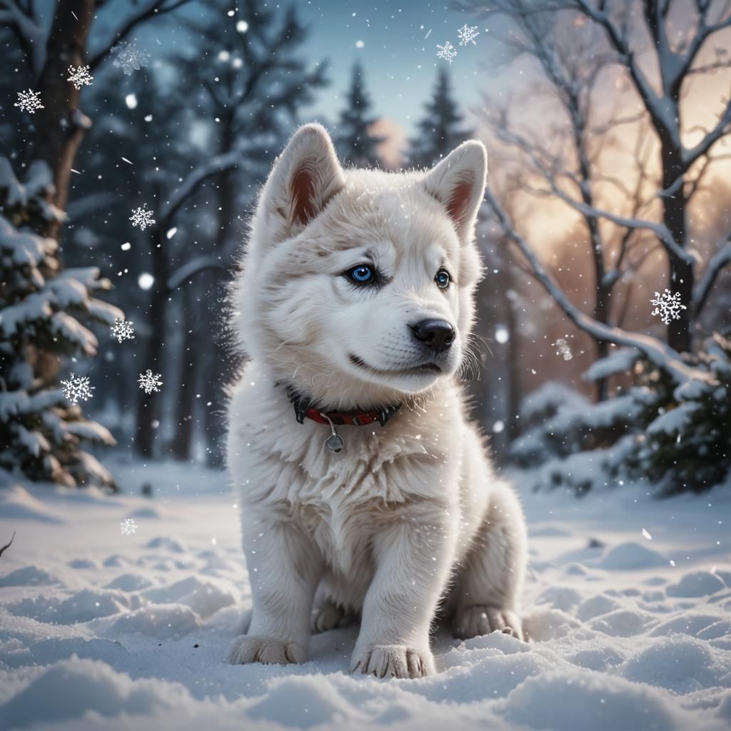White Husky Puppy in Snow: Detailed Matte Painting