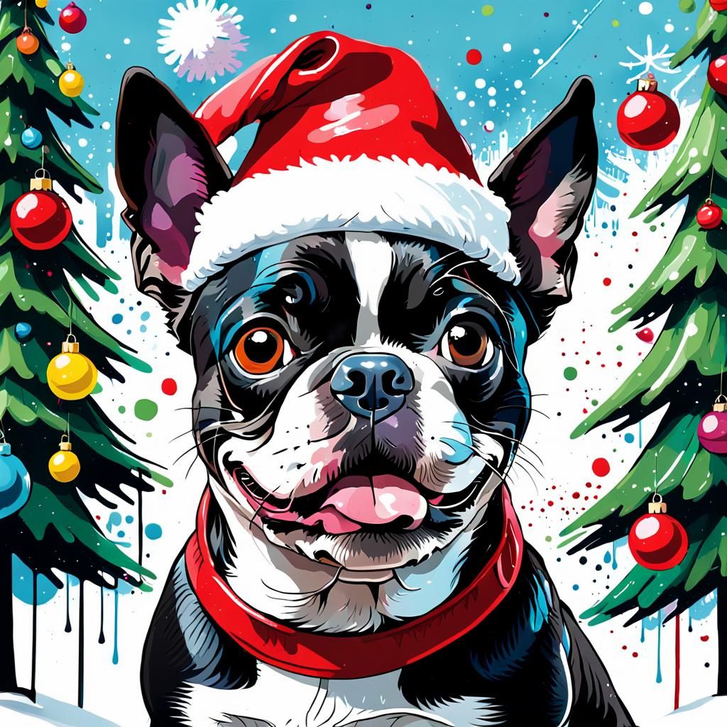 Festive Boston Terrier in Graffiti Street Art Style
