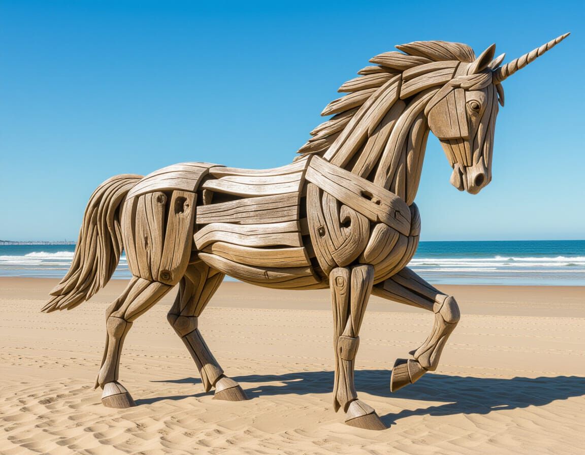 Driftwood Stallion Sculpture on the Beach