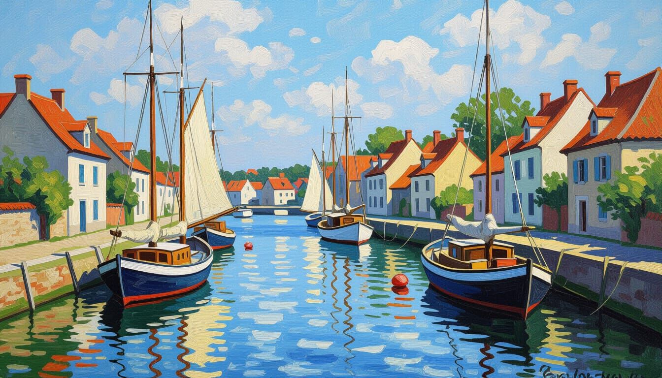 Impressionistic Harbor Scene with Sailboats and Greenery